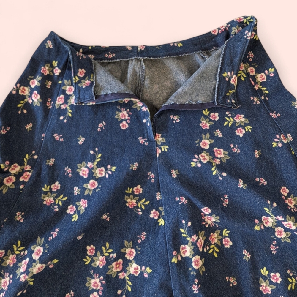 Cottagecore Floral Denim Midi Skirt Handmade Vintage Style Blue Prairie Skirt - Picture 4 of 9